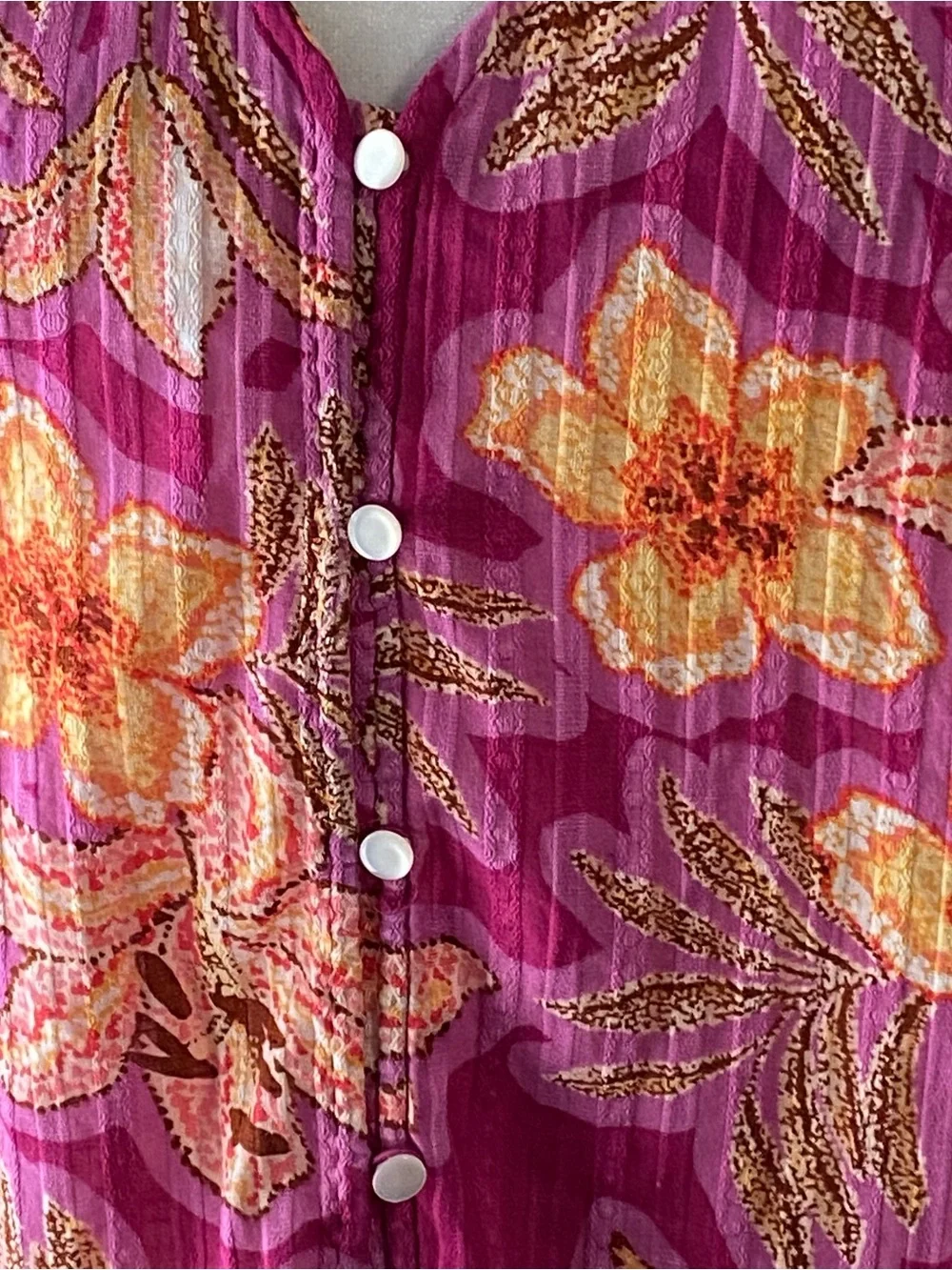 Loft Top Small Pink Orange Floral Button Front Cotton Short Sleeve Boho Peasant